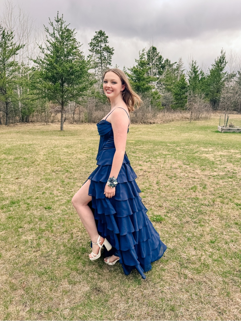 Navy Tiered Ruffle Strap Prom Dress - Women